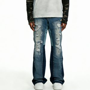 Vertical Paneled Distressed Blue Denim