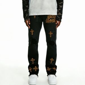 Gothic Cross Embroidered Black Jeans