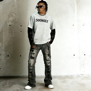 Vertical Shredded Stacked Grey Denim