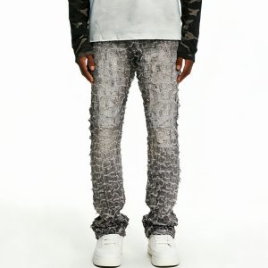 Artisanal Grey Textured Shredded Denim