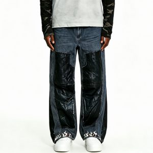 Flame Embroidered Multi-Panel Patchwork Jeans