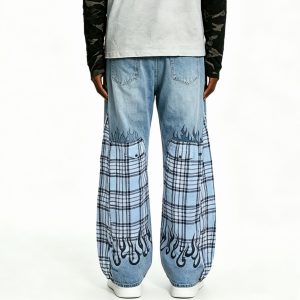 Plaid Patchwork Flame Graphic Street Jeans