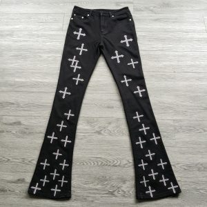 Embroidered Cross Black Flare Denim Jeans