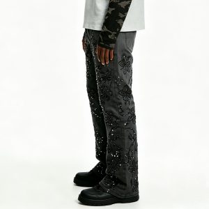 Floral Beaded Distressed Black Jeans