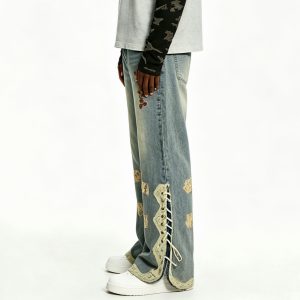 Side Lace-Up Frayed Hem Denim