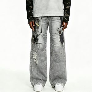 Grey Distressed Paneled Street Jeans