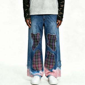 Plaid Patchwork Distressed Denim