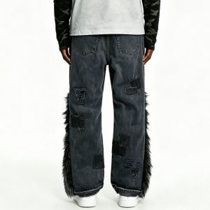 Fur-Trimmed Side Fringe Black Denim