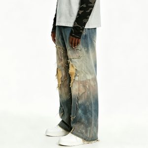 Heavy-Washed Burlap Patch Jeans