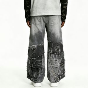 Multi-Patch Distressed Grey Denim
