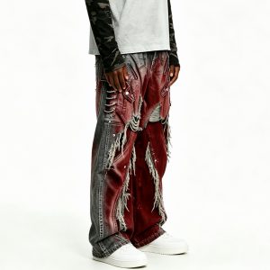 Shredded Maroon Paneled Denim