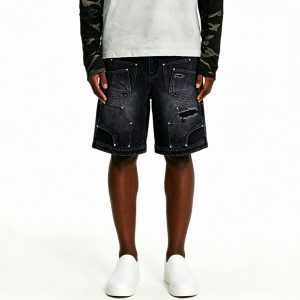 Studded Black Denim Cargo Shorts