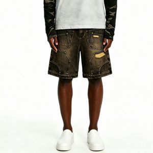 Gold-Patch Distressed Denim Shorts
