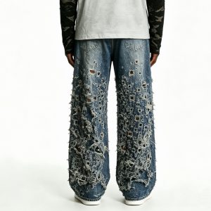 Shredded Lace-Effect Blue Denim