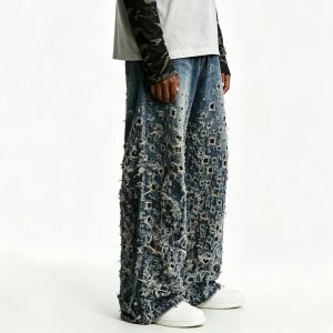 Distressed Hole-Pattern Denim