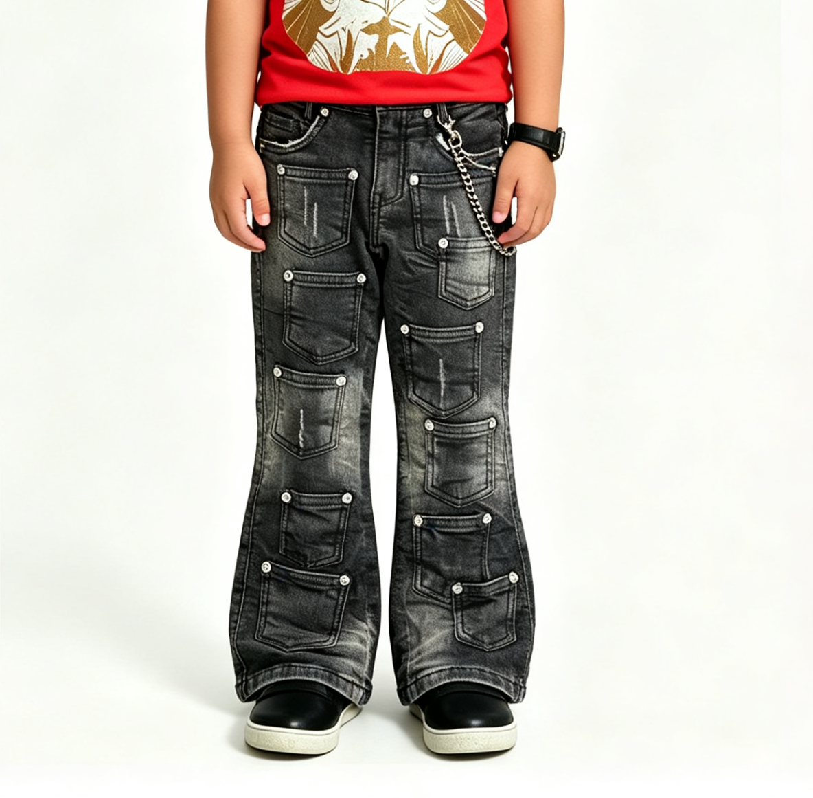 Boys' & Girls' Black Cargo Flare Jeans OEM | Y2K Streetwear - Image 3