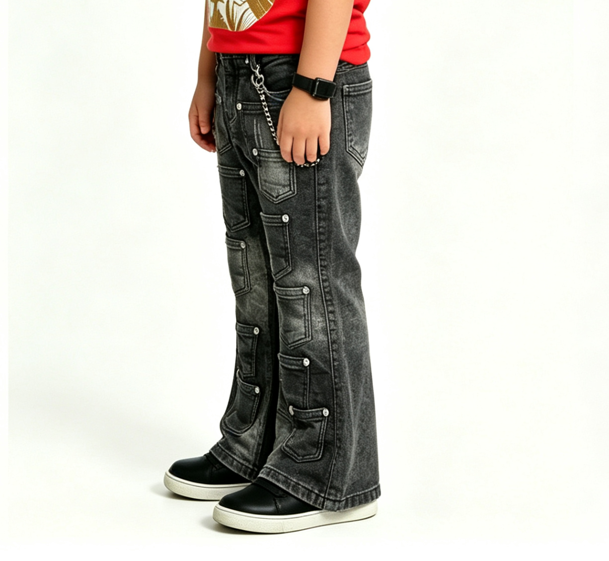 Boys' & Girls' Black Cargo Flare Jeans OEM | Y2K Streetwear - Image 4