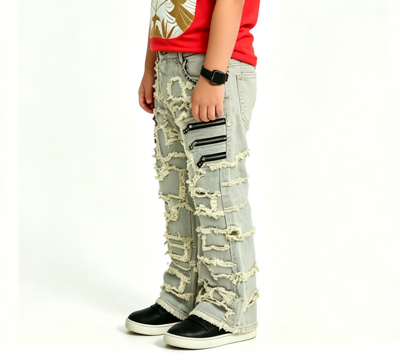 Boys' & Girls' Distressed Zipper Jeans OEM | Y2K Streetwear - Image 3