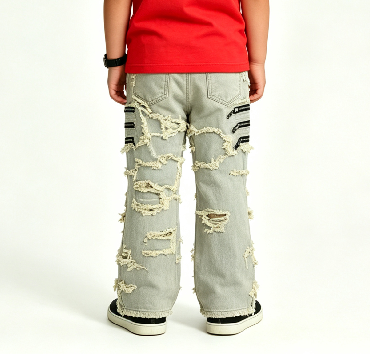 Boys' & Girls' Distressed Zipper Jeans OEM | Y2K Streetwear - Image 4