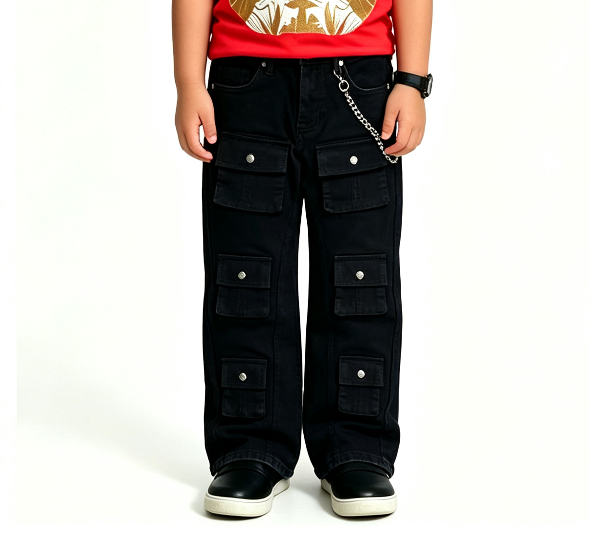Boys' Black Multi-Pocket Cargo Jeans OEM | Y2K Streetwear - Image 2