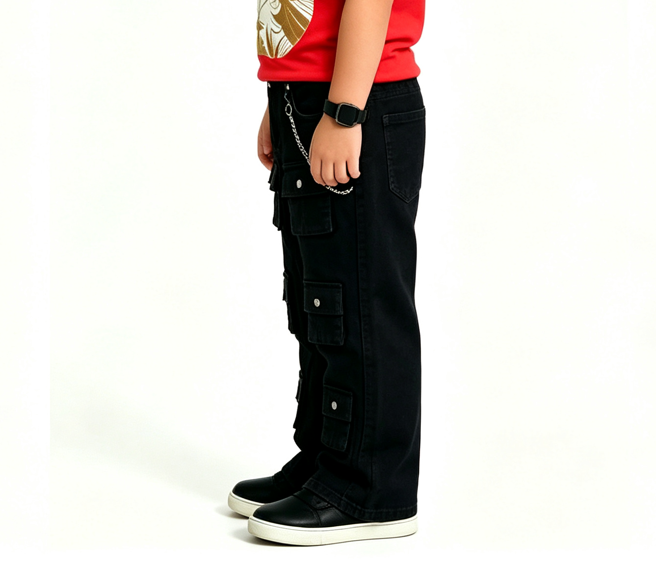 Boys' Black Multi-Pocket Cargo Jeans OEM | Y2K Streetwear - Image 4