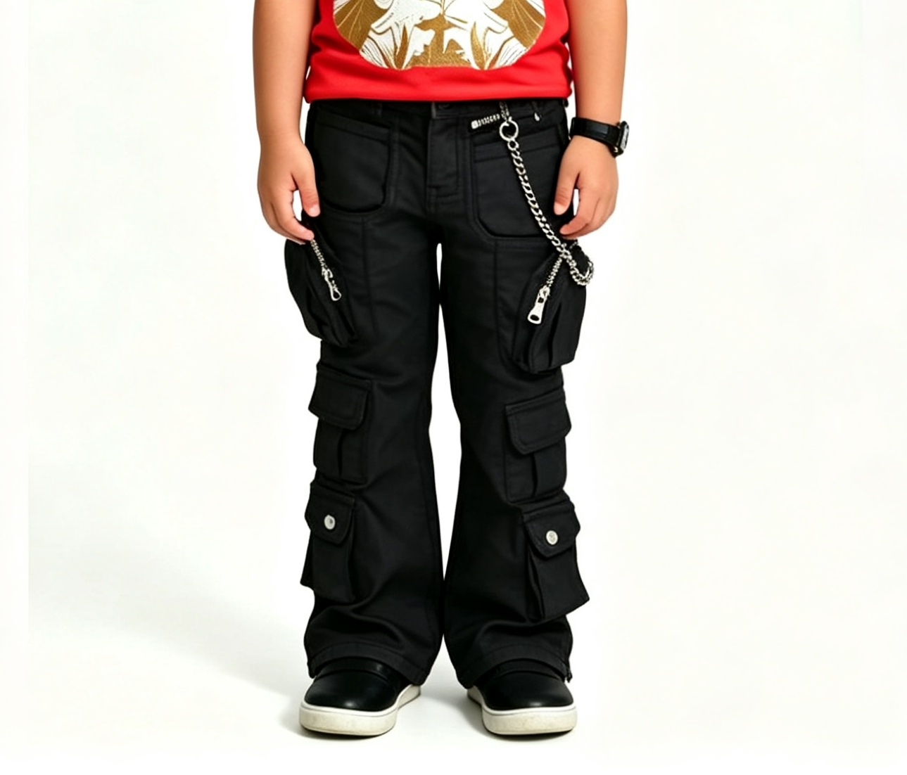 Boys' Black Zipper Cargo Flare Jeans OEM | Y2K Streetwear - Image 2