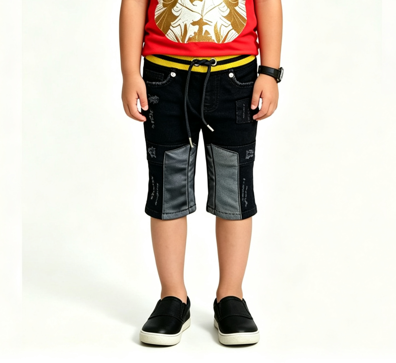 Kids' Black Moto Jeans – PU Leather, Streetwear OEM MOQ 100 - Image 2