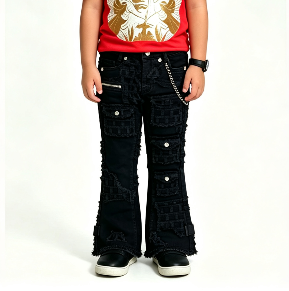 Kids' Black Distressed Flare Jeans – Y2K Grunge Streetwear - Image 2