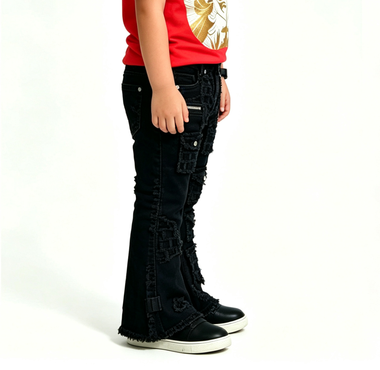 Kids' Black Distressed Flare Jeans – Y2K Grunge Streetwear - Image 3