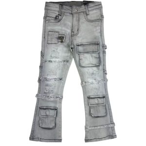 Kids' Grey Distressed Patchwork Flare Jeans – Y2K OEM