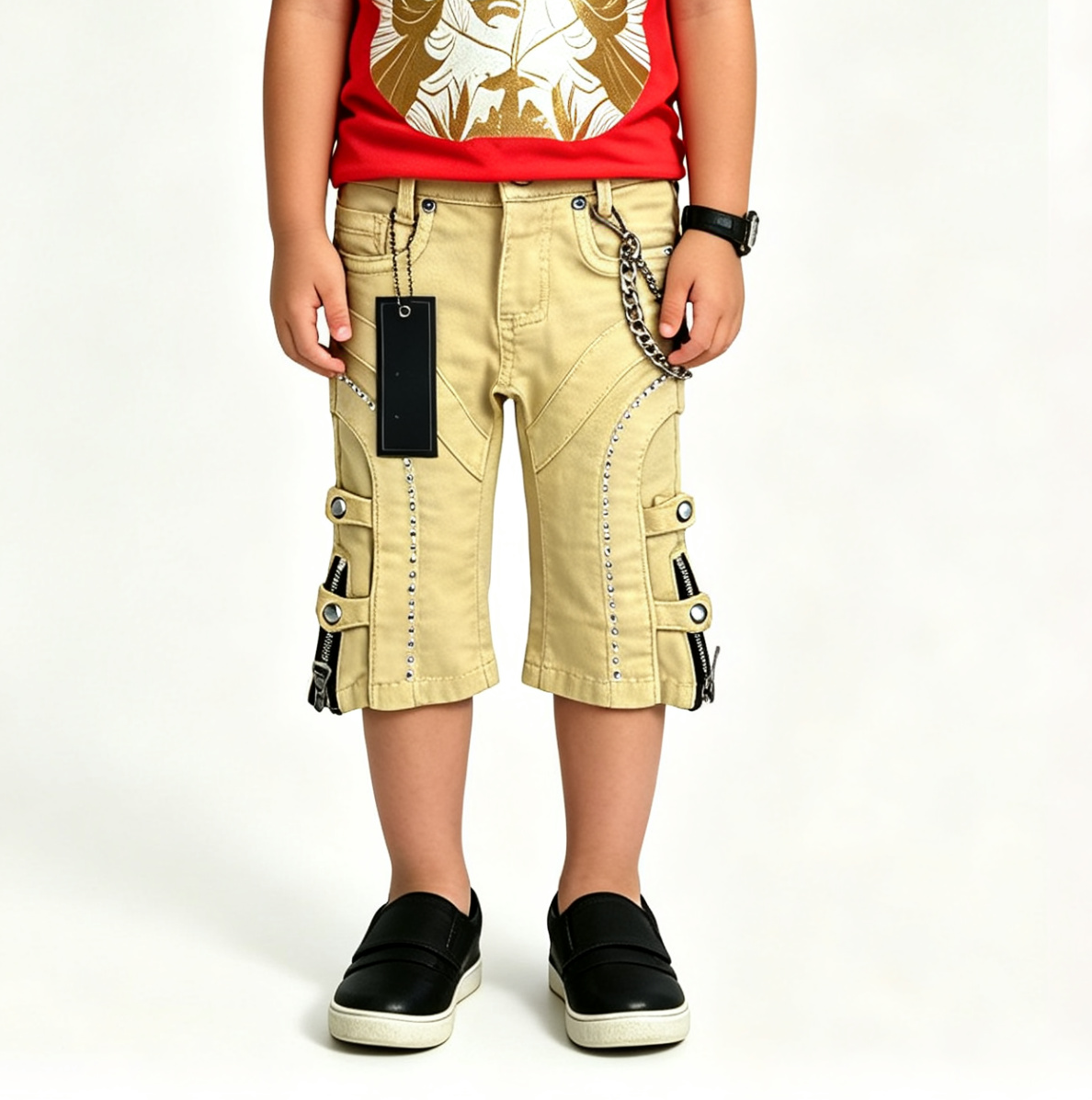 Kids' Khaki Moto Jeans – Punk Rock Denim, OEM MOQ 100 - Image 2