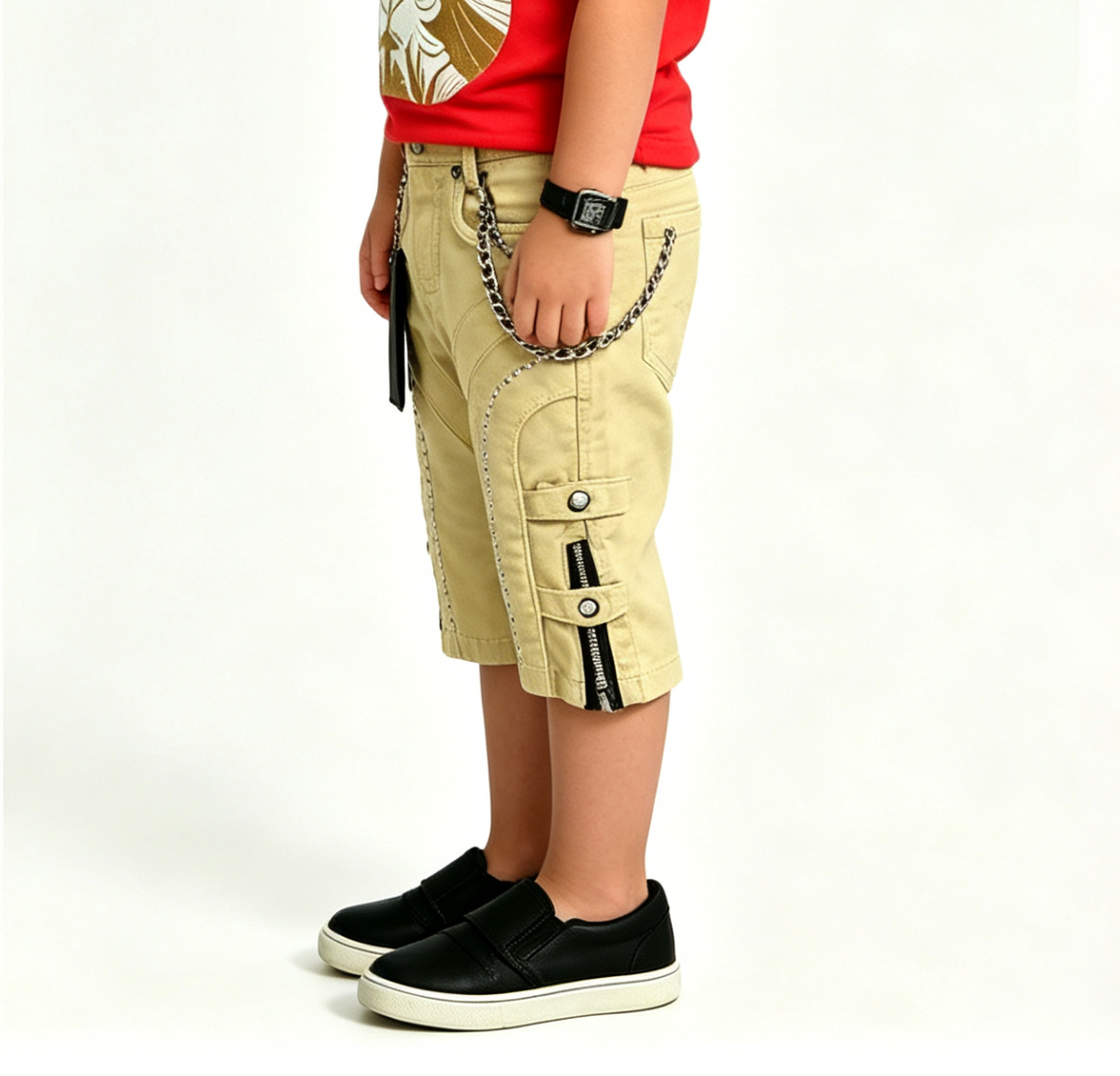 Kids' Khaki Moto Jeans – Punk Rock Denim, OEM MOQ 100 - Image 4