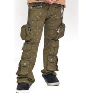 Kids' Army Green Rhinestone Cargo Pants – Y2K Streetwear OEM