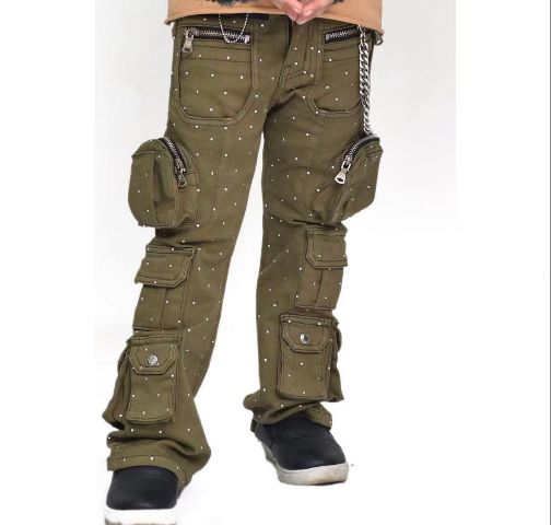 Kids' Army Green Rhinestone Cargo Pants – Y2K Streetwear OEM