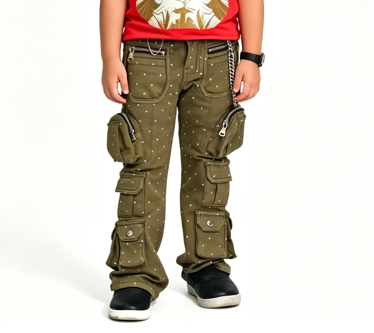Kids' Army Green Rhinestone Cargo Pants – Y2K Streetwear OEM - Image 2