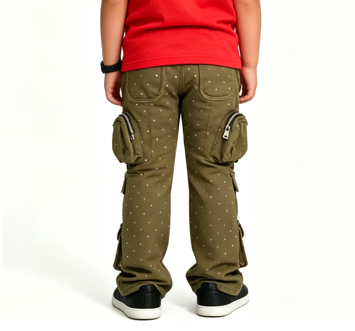 Kids' Army Green Rhinestone Cargo Pants – Y2K Streetwear OEM - Image 3