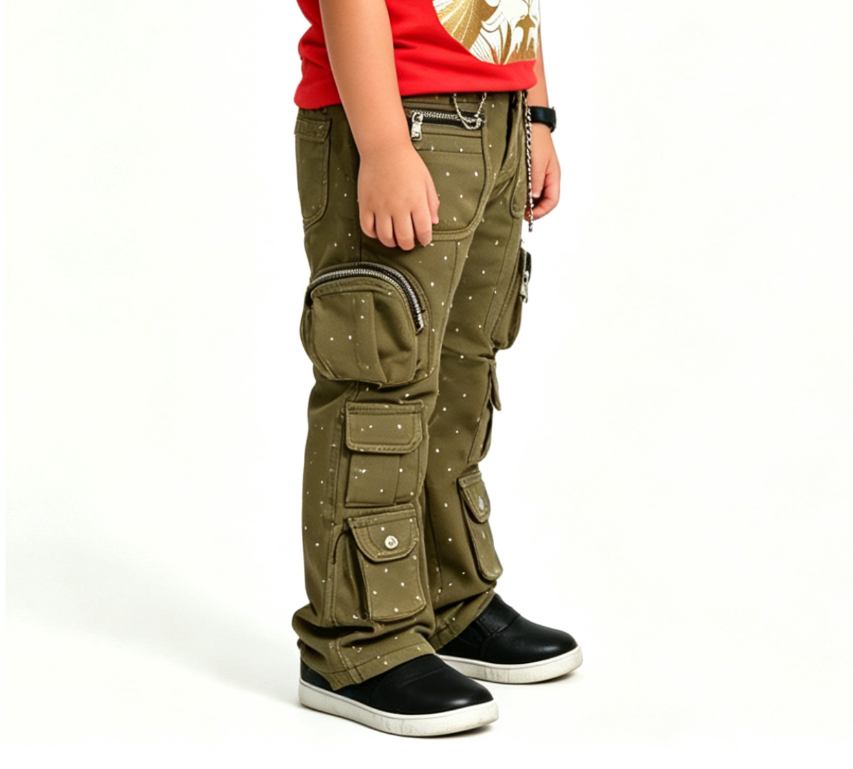 Kids' Army Green Rhinestone Cargo Pants – Y2K Streetwear OEM - Image 4