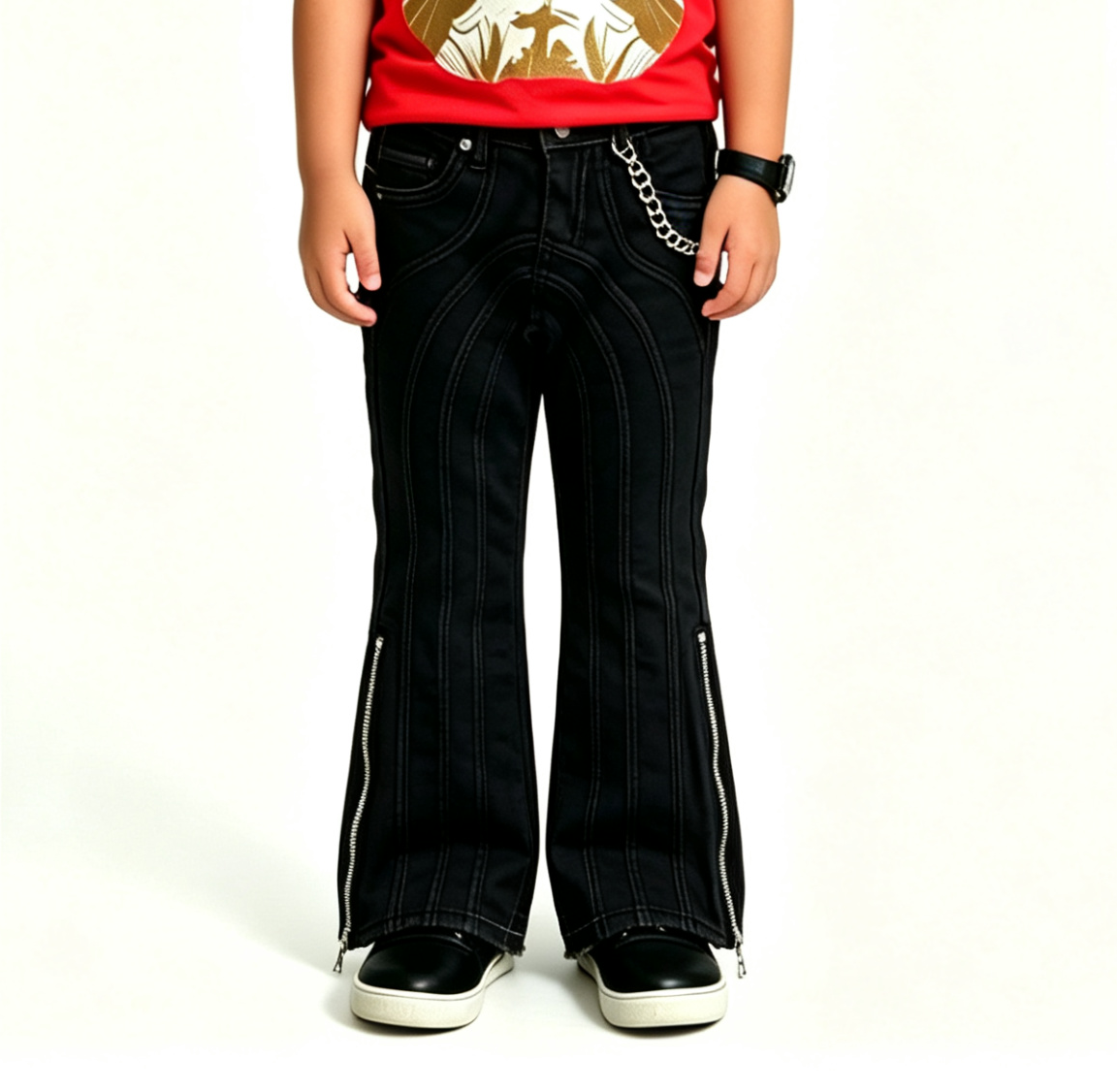 Kids' Black Moto Flare Jeans – Y2K Punk Streetwear OEM - Image 2