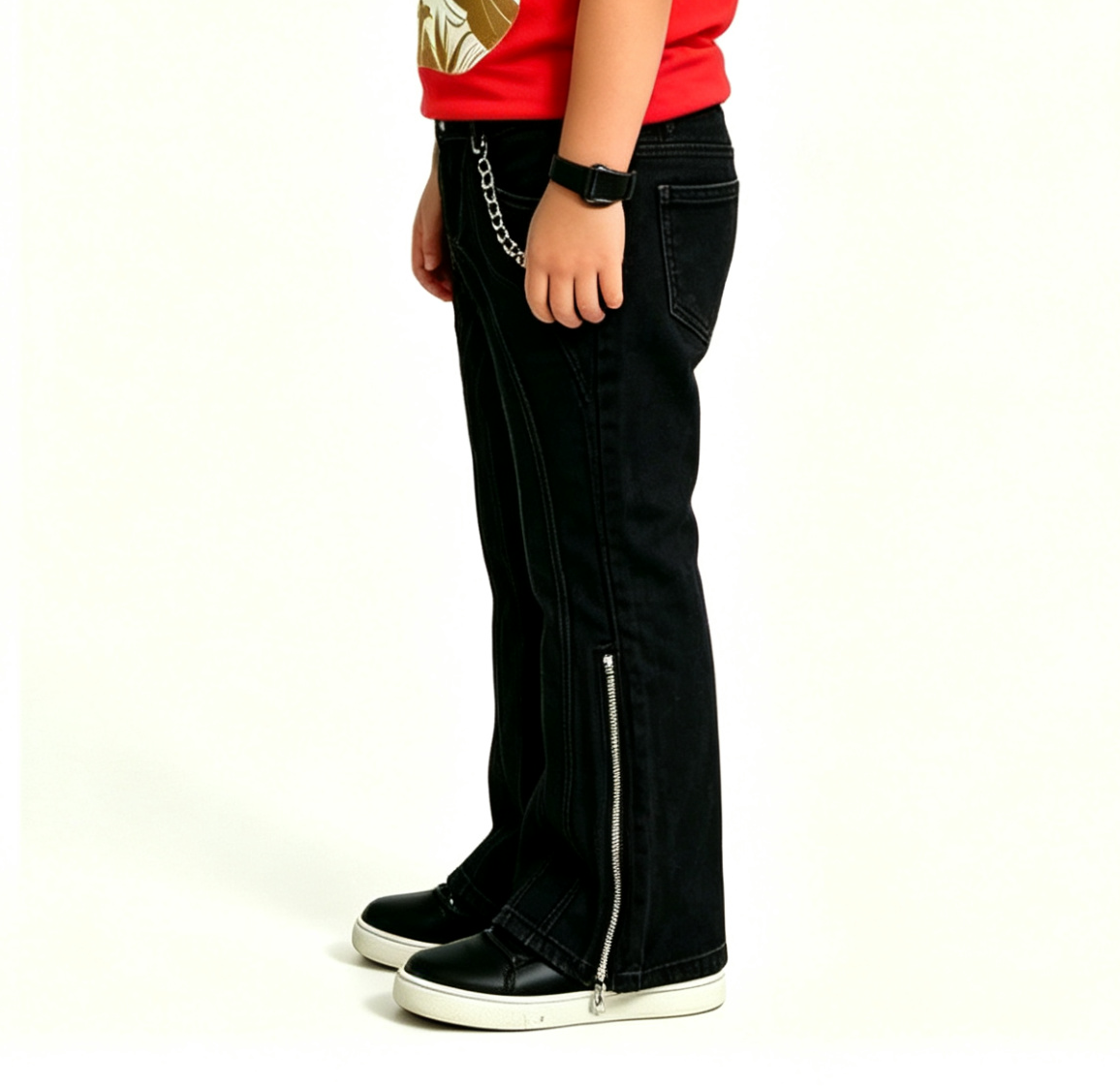 Kids' Black Moto Flare Jeans – Y2K Punk Streetwear OEM - Image 4