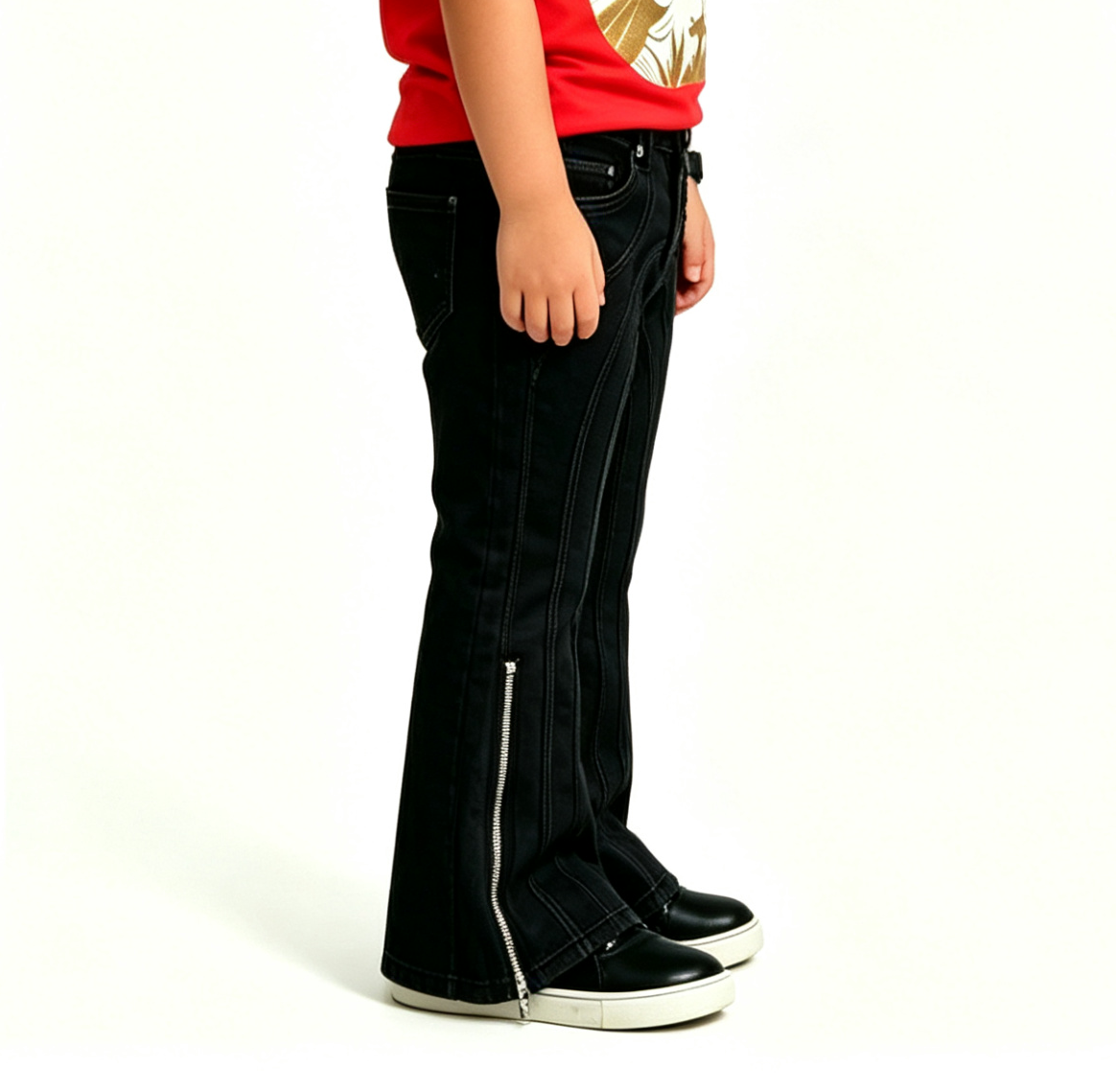 Kids' Black Moto Flare Jeans – Y2K Punk Streetwear OEM - Image 5