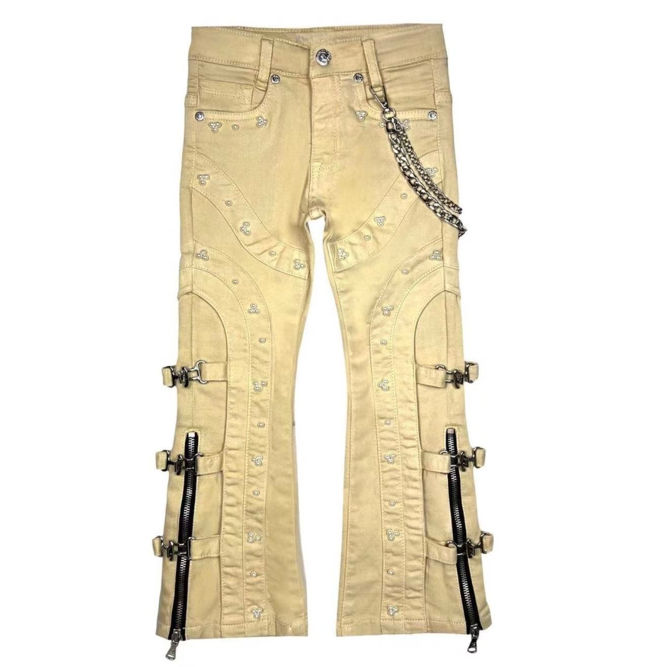 Kids' Beige Moto Flare Jeans – Y2K Punk Rock, OEM MOQ 100