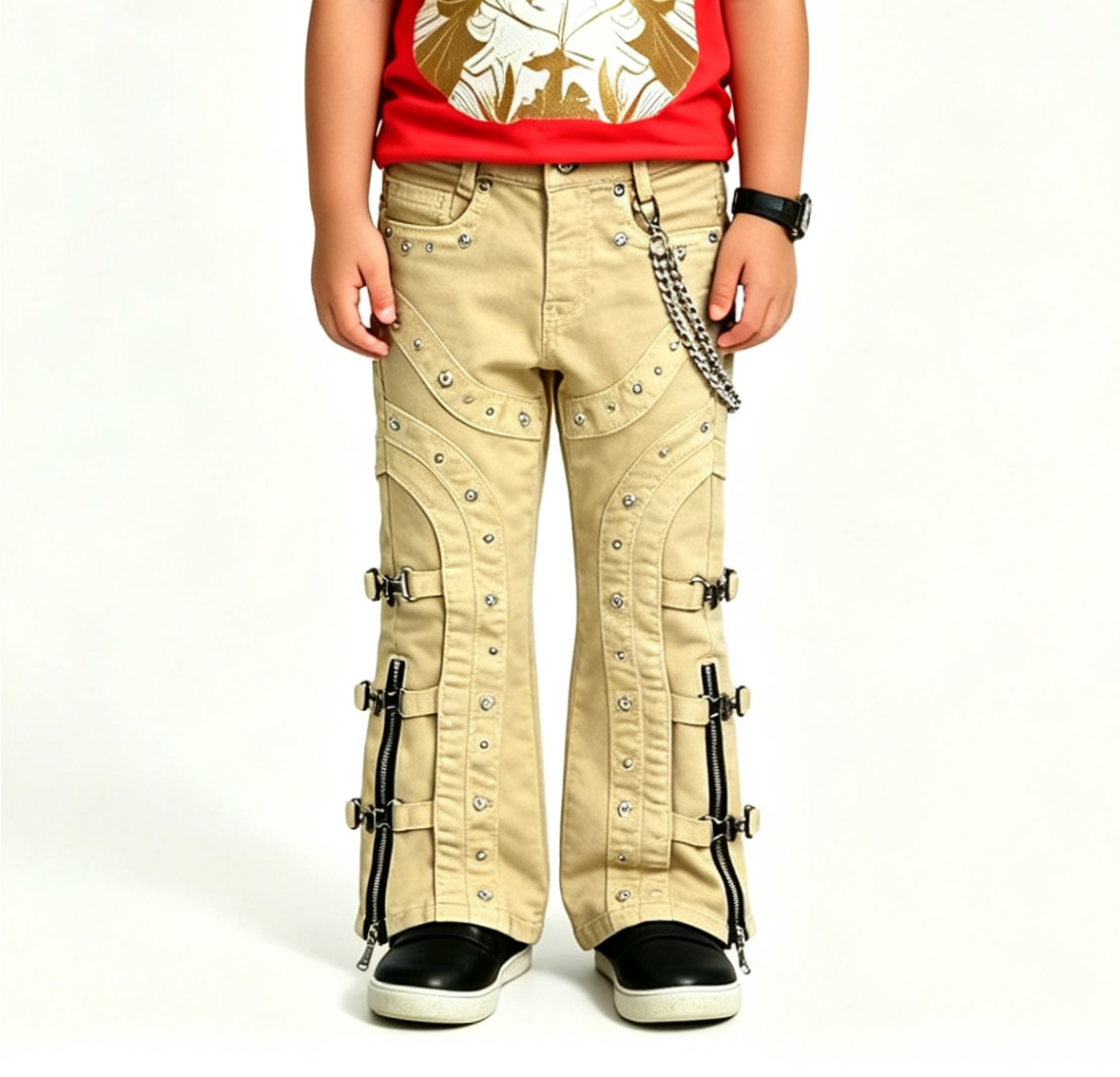 Kids' Beige Moto Flare Jeans – Y2K Punk Rock, OEM MOQ 100 - Image 2