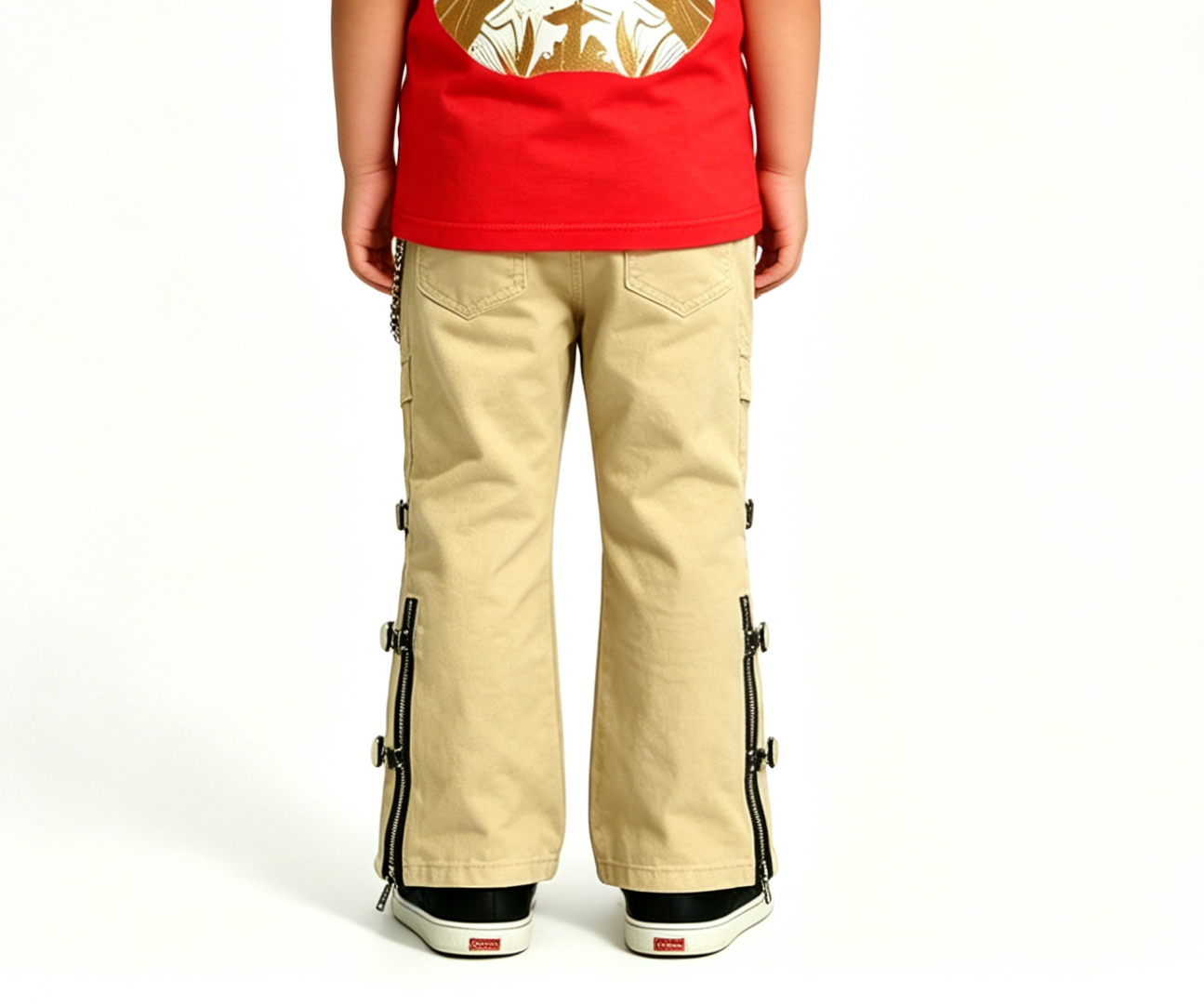 Kids' Beige Moto Flare Jeans – Y2K Punk Rock, OEM MOQ 100 - Image 4