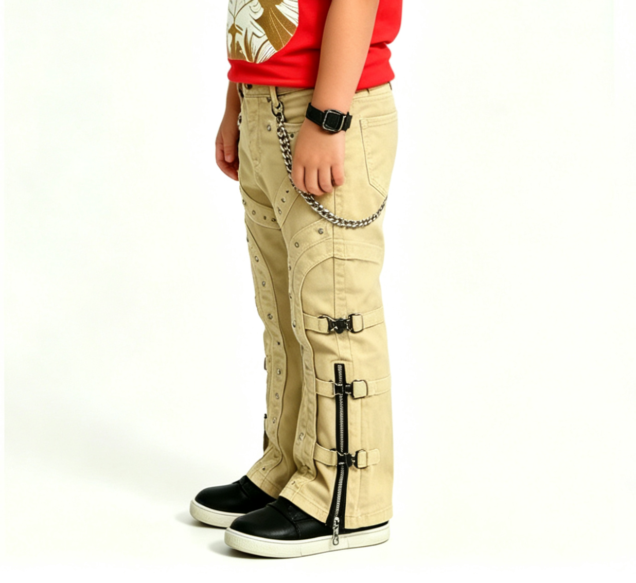 Kids' Beige Moto Flare Jeans – Y2K Punk Rock, OEM MOQ 100 - Image 3