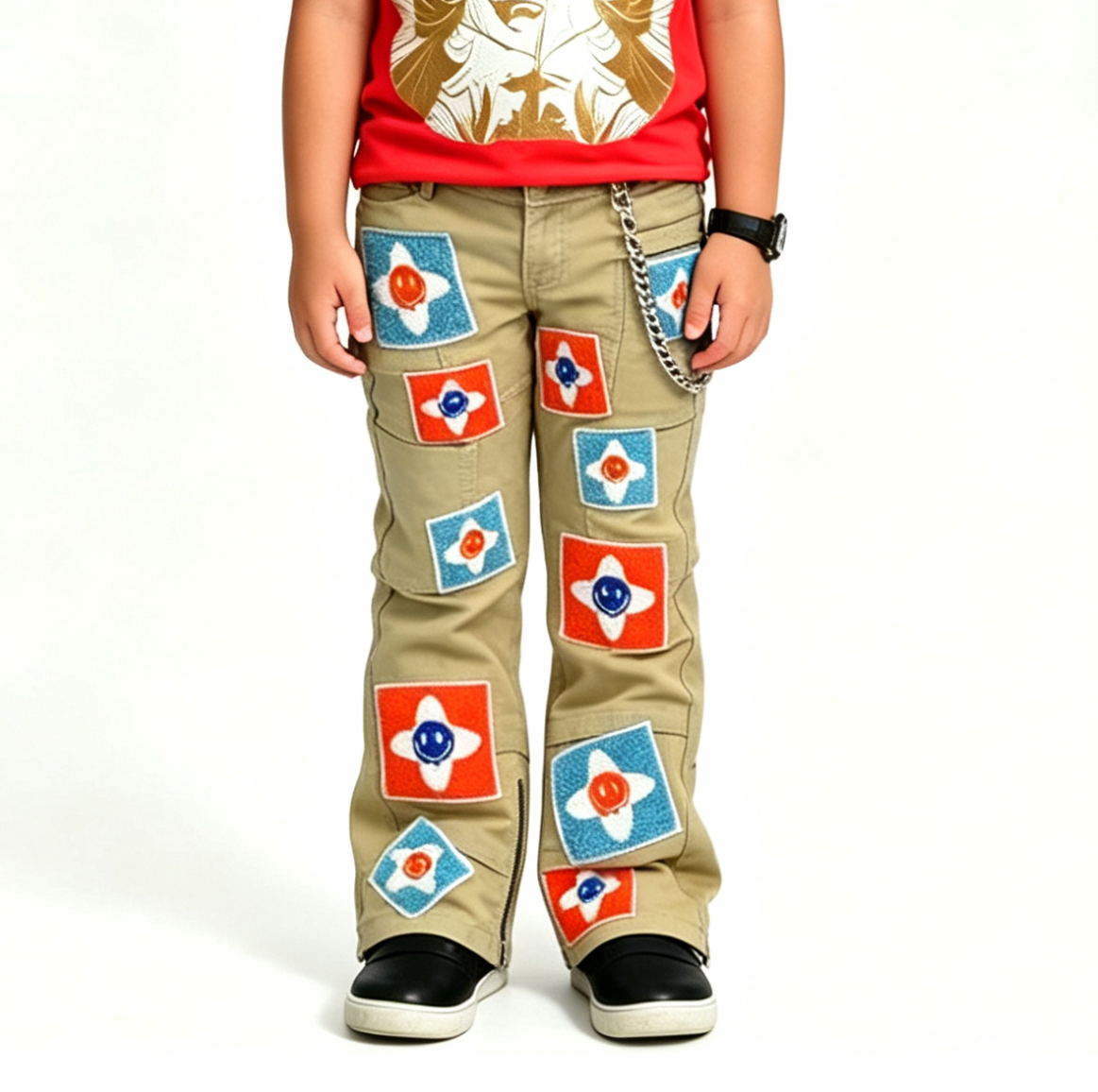 Kids' Khaki Patchwork Jeans – Y2K Streetwear, OEM MOQ 100 - Image 2