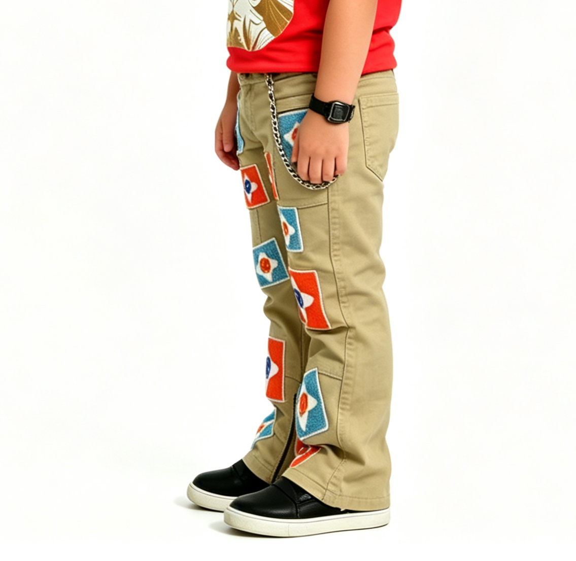 Kids' Khaki Patchwork Jeans – Y2K Streetwear, OEM MOQ 100 - Image 3