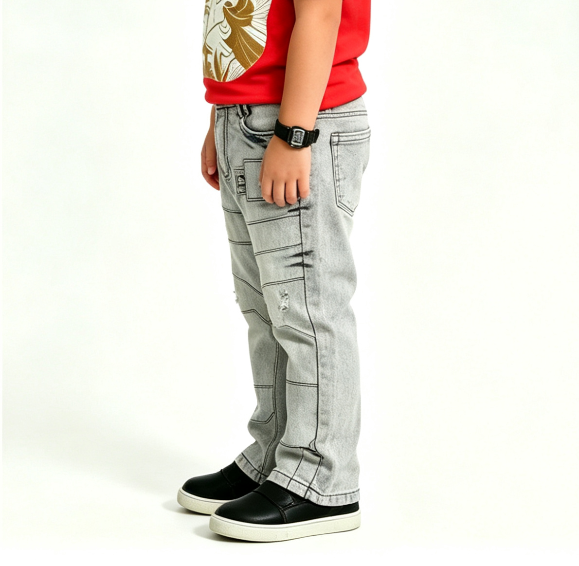 Kids' Gray Moto Biker Jeans – Y2K Cyberpunk, OEM MOQ 100 - Image 3