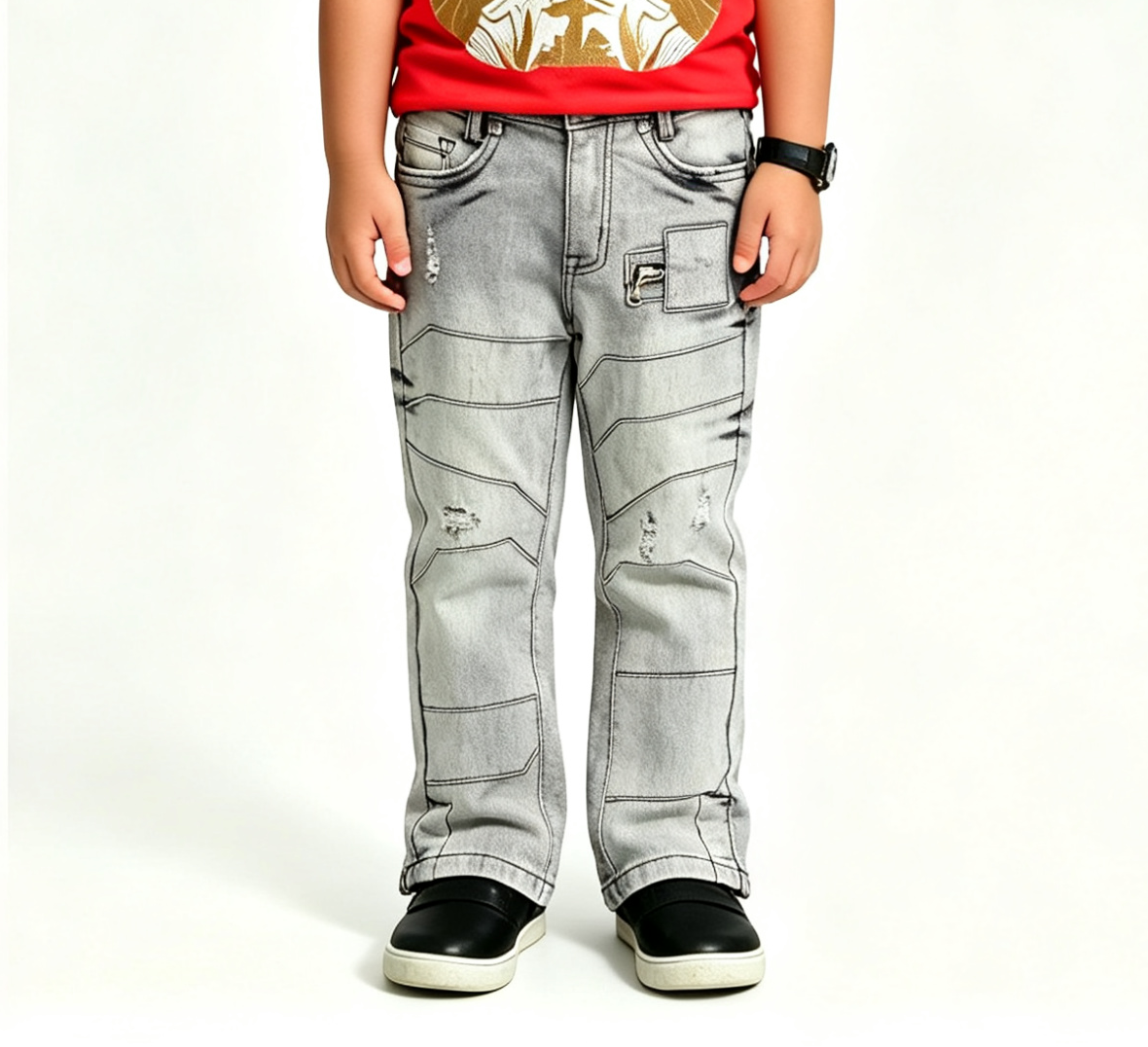Kids' Gray Moto Biker Jeans – Y2K Cyberpunk, OEM MOQ 100 - Image 2