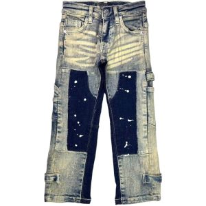 Custom Kids Patchwork Cargo Jeans – Vintage Wash, MOQ 100