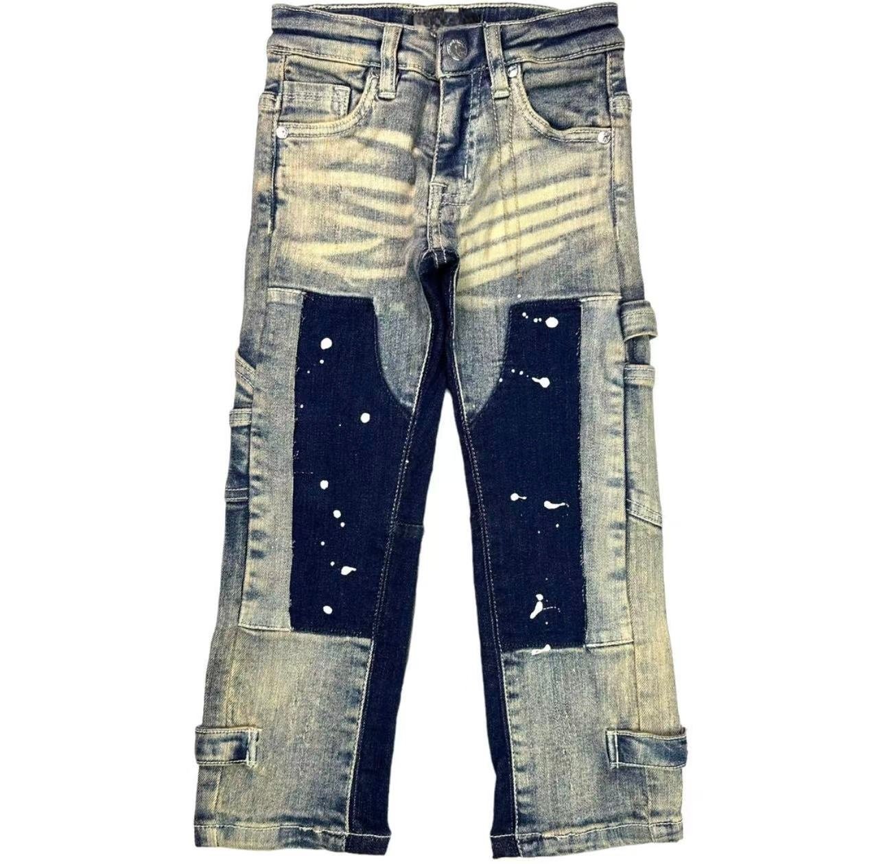 Custom Kids Patchwork Cargo Jeans – Vintage Wash, MOQ 100